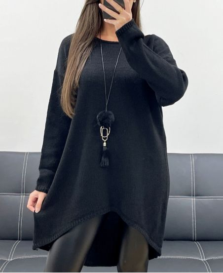 PULL NOIR LONG OVERSIZE ASYMETRIQUE + COLLIER