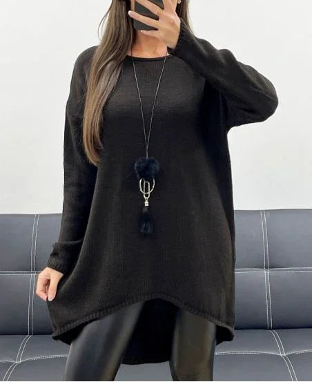 PULL LONG OVERSIZE ASYMETRIQUE + COLLIER MARRON FONCE