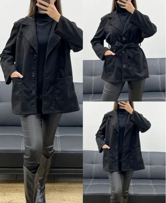 VESTE NOIRE SUEDINE 2 POCHES + CEINTURE